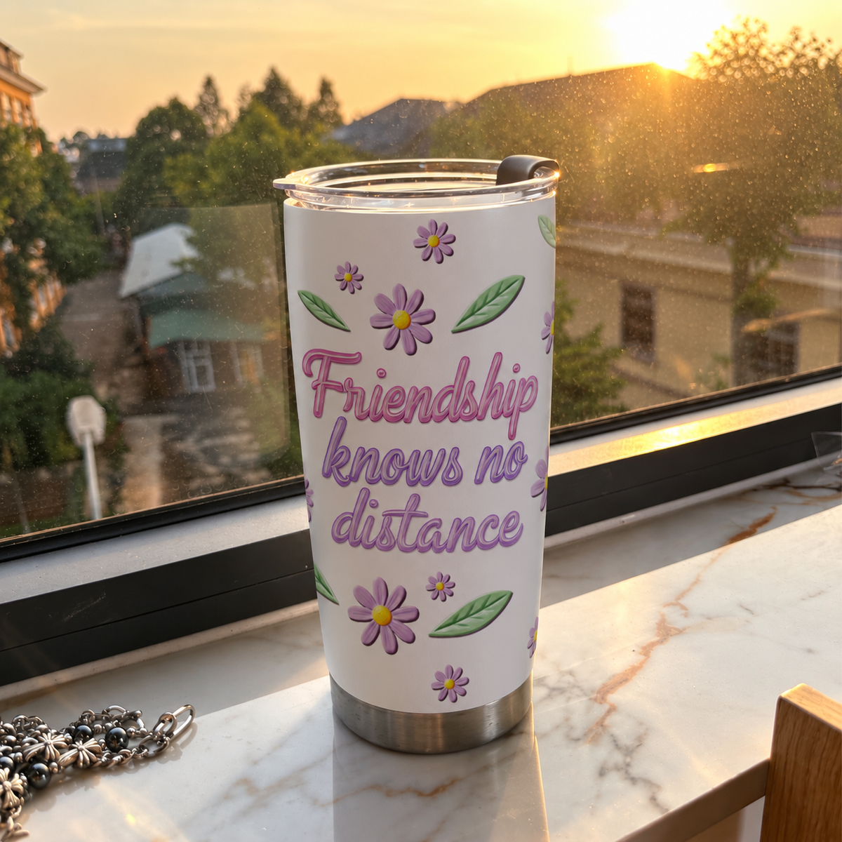 A white custom name travel mug with purple daisy pattern sitting on a windowsill during a warm sunset.