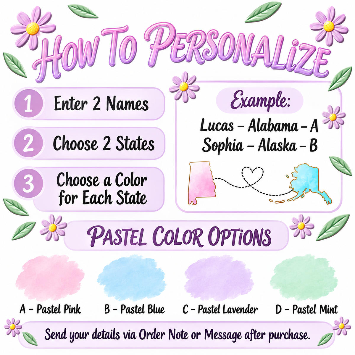 A personalization guide graphic explaining how to order custom state map travel mugs with pastel color options.