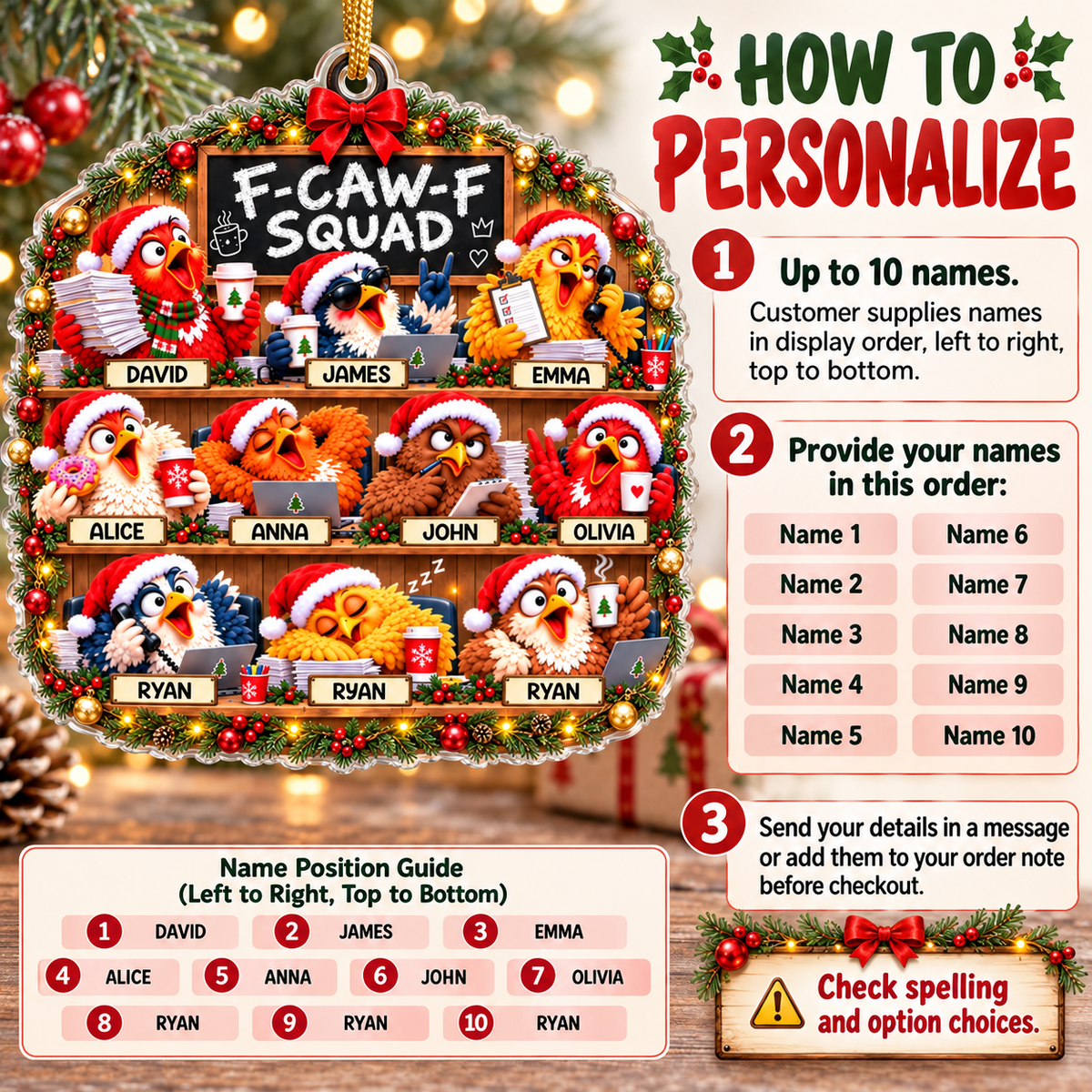 Funny Bird Squad Ornament - personalization instructions