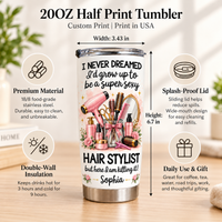 20oz tumbler infographic showing dimensions of 3.43 inches wide by 6.7 inches high, material, and features.