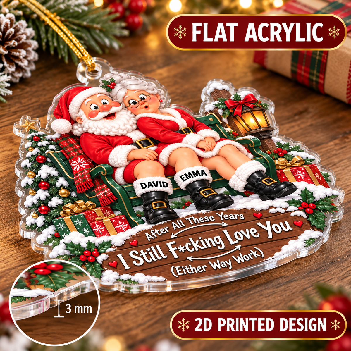 Funny Santa Couple Ornament - material and thickness