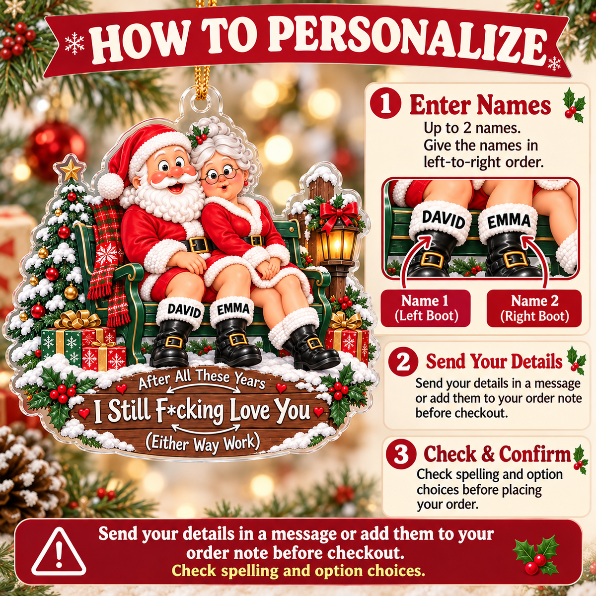 Funny Santa Couple Ornament - personalization instructions