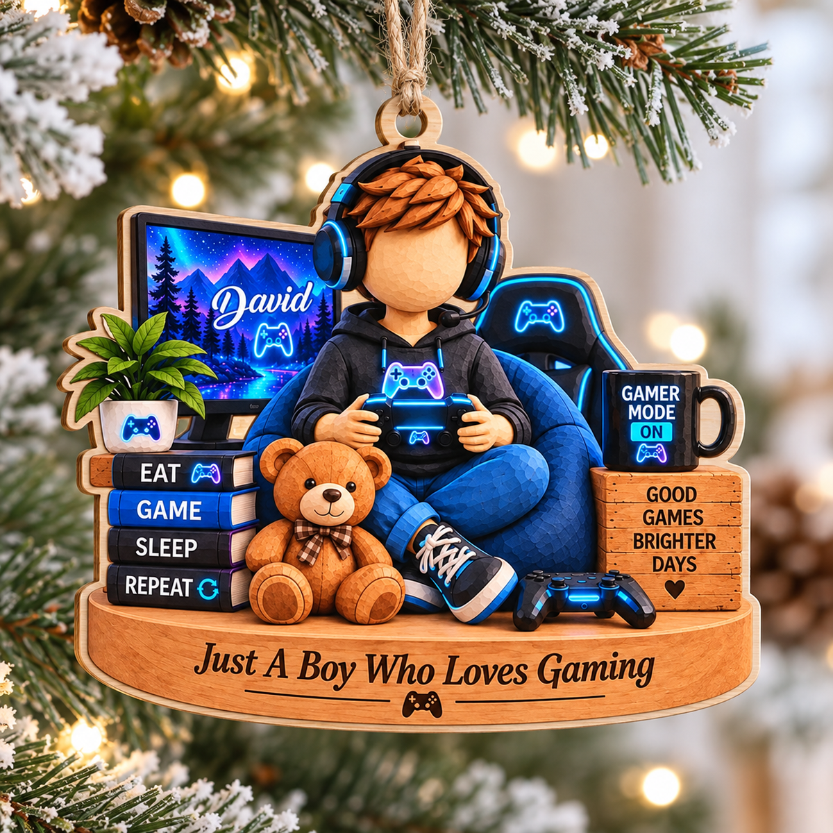 Personalized Gamer Boy Wood Ornament Custom Name Gaming Christmas Gift - main design