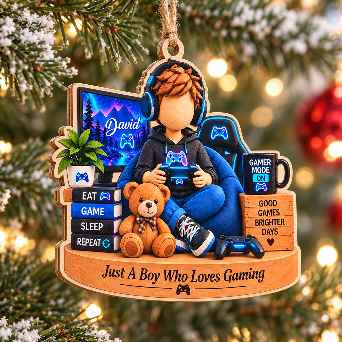 Personalized Gamer Boy Wood Ornament Custom Name Gaming Christmas Gift - product view 5
