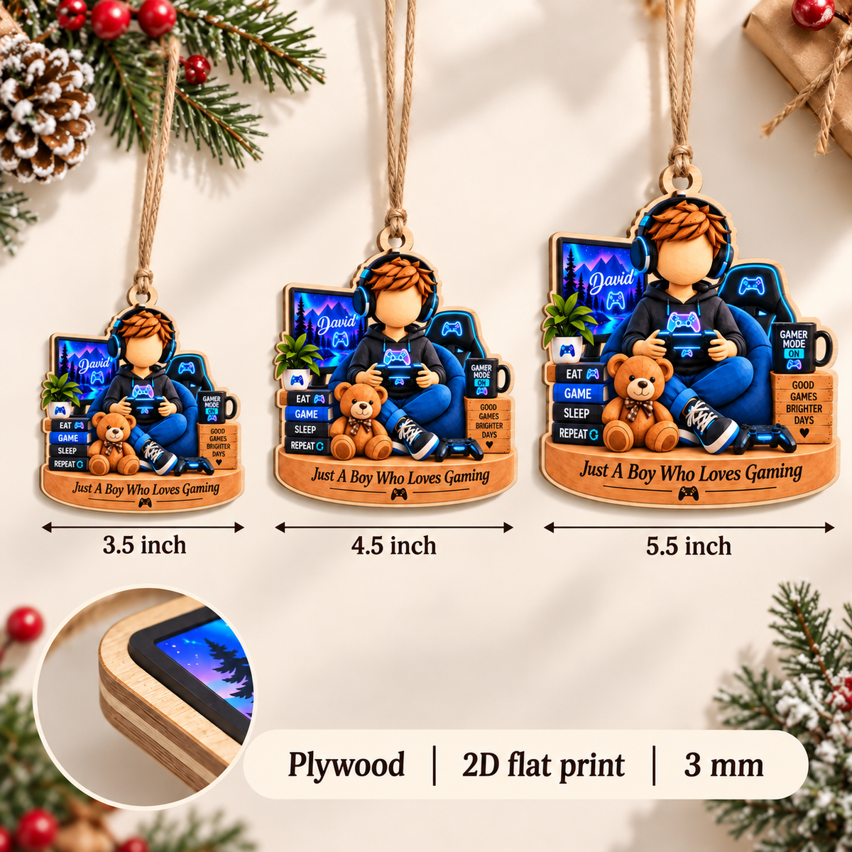 Personalized Gamer Boy Wood Ornament Custom Name Gaming Christmas Gift - product view 6