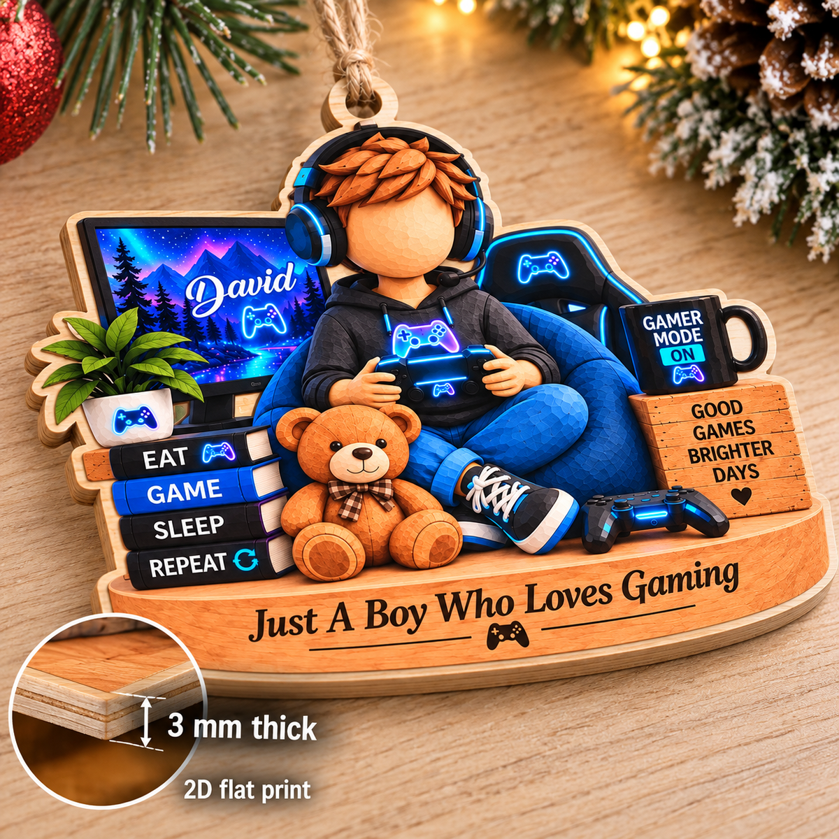Personalized Gamer Boy Wood Ornament Custom Name Gaming Christmas Gift - product view 7