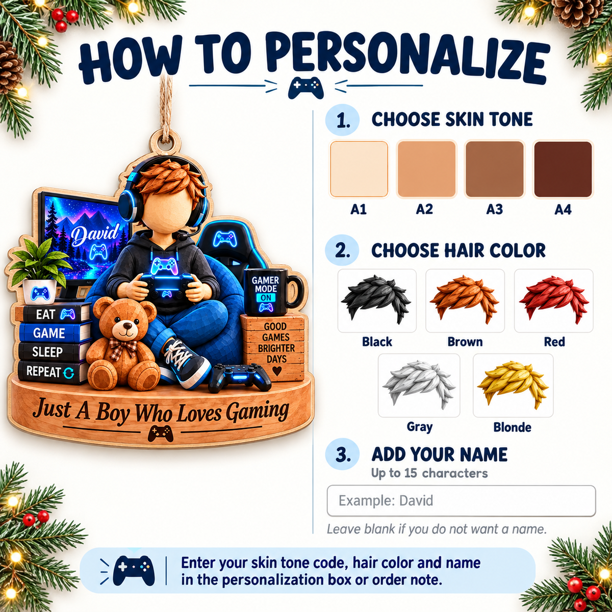 Personalized Gamer Boy Wood Ornament Custom Name Gaming Christmas Gift - product view 8