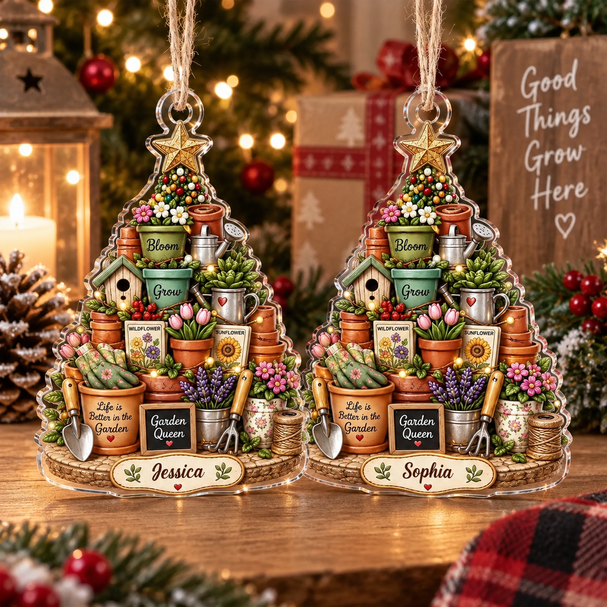Two personalized garden queen acrylic tree ornaments hanging together with names Jessica and Sophia.