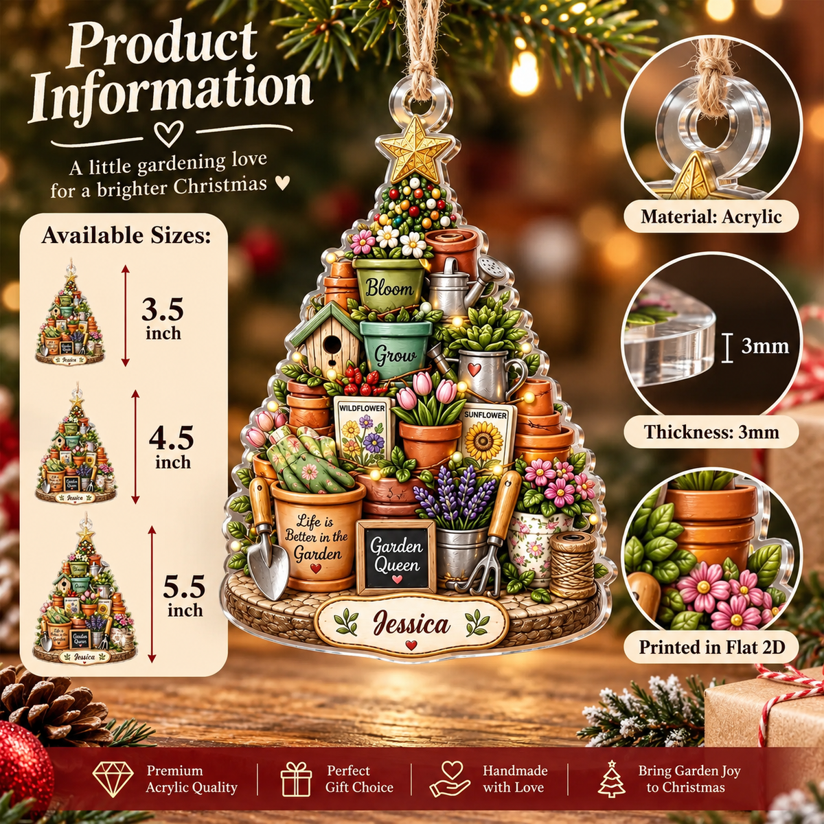 Product info graphic showing sizes, 3mm acrylic thickness, and flat 2D print details of the ornament.