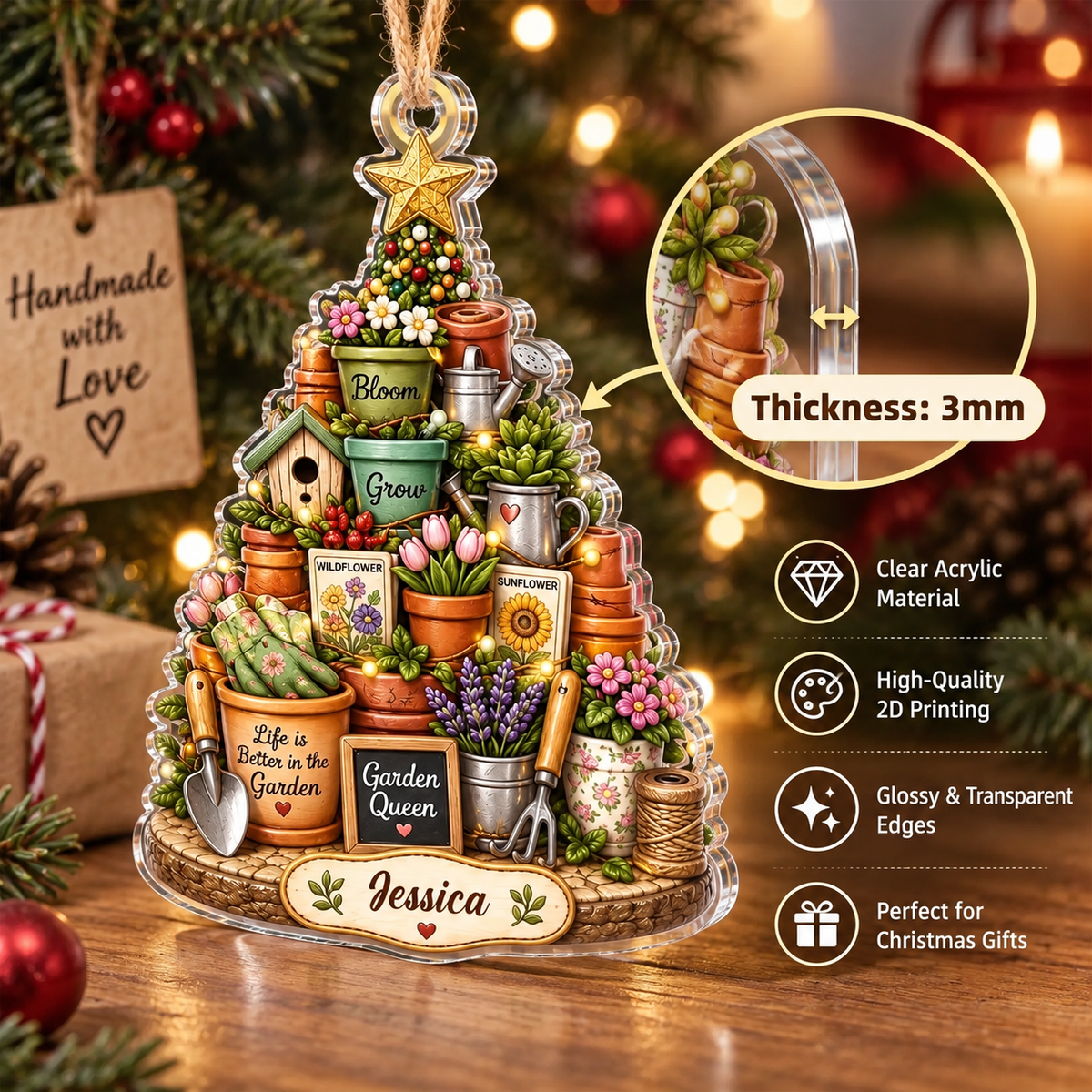 Close-up callout highlighting the 3mm thickness and clear acrylic material of the tree ornament.