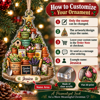 Instruction graphic explaining how to customize the garden queen acrylic ornament with a name.