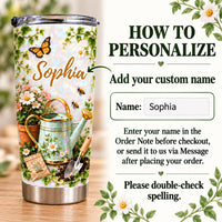 Custom gardening tumbler featuring name Sophia next to a personalization instructions template with text box and flowers.