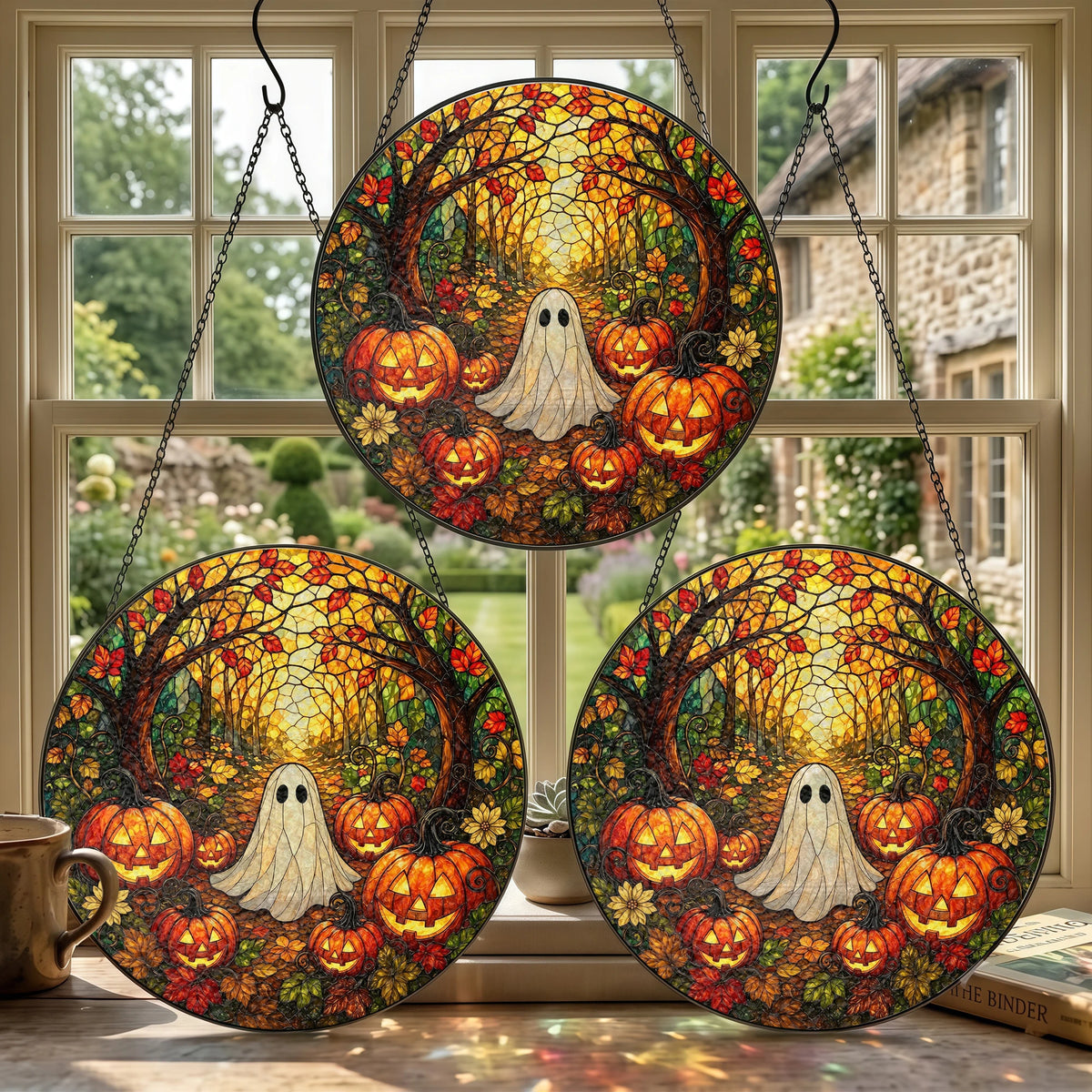 Ghost And Pumpkin Stained Glass Art Hanging Decoration, Halloween Suncatcher Fall Porch Window Decor on a hanger, ready to ship from Austin, Texas