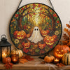 Customer in Austin, Texas wearing Ghost And Pumpkin Stained Glass Art Hanging Decoration, Halloween Suncatcher Fall Porch Window Decor