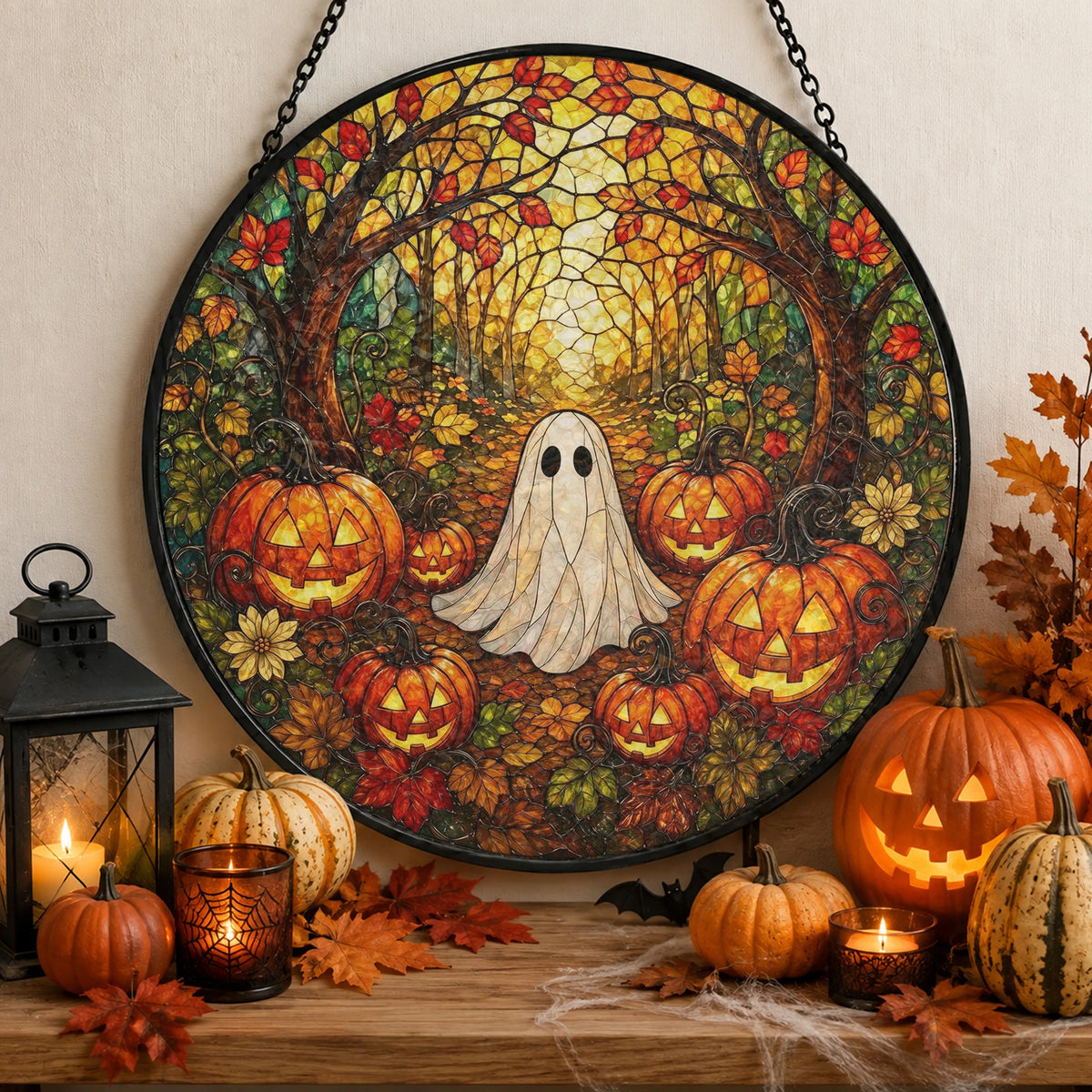 Customer in Austin, Texas wearing Ghost And Pumpkin Stained Glass Art Hanging Decoration, Halloween Suncatcher Fall Porch Window Decor