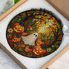 Customer in Austin, Texas wearing Ghost And Pumpkin Stained Glass Art Hanging Decoration, Halloween Suncatcher Fall Porch Window Decor