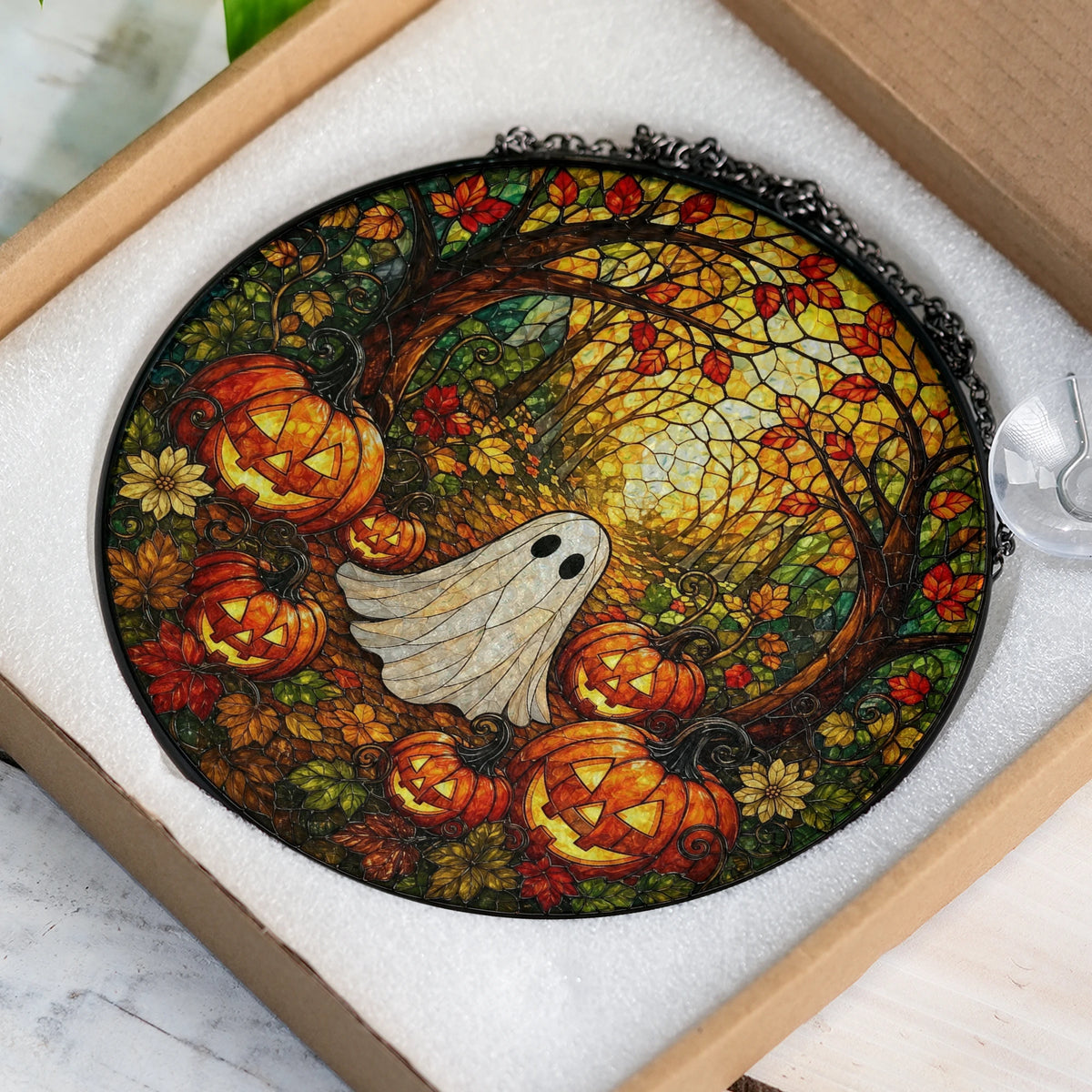 Customer in Austin, Texas wearing Ghost And Pumpkin Stained Glass Art Hanging Decoration, Halloween Suncatcher Fall Porch Window Decor