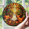 Close-up of Ghost And Pumpkin Stained Glass Art Hanging Decoration, Halloween Suncatcher Fall Porch Window Decor for streetwear fans in Austin, Texas