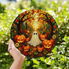 Customer in Austin, Texas wearing Ghost And Pumpkin Stained Glass Art Hanging Decoration, Halloween Suncatcher Fall Porch Window Decor