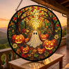 Close-up of Ghost And Pumpkin Stained Glass Art Hanging Decoration, Halloween Suncatcher Fall Porch Window Decor for streetwear fans in Austin, Texas