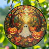 Customer in Austin, Texas wearing Ghost And Pumpkin Stained Glass Art Hanging Decoration, Halloween Suncatcher Fall Porch Window Decor