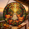Ghost And Pumpkin Stained Glass Art Hanging Decoration, Halloween Suncatcher Fall Porch Window Decor available at our Austin, Texas warehouse