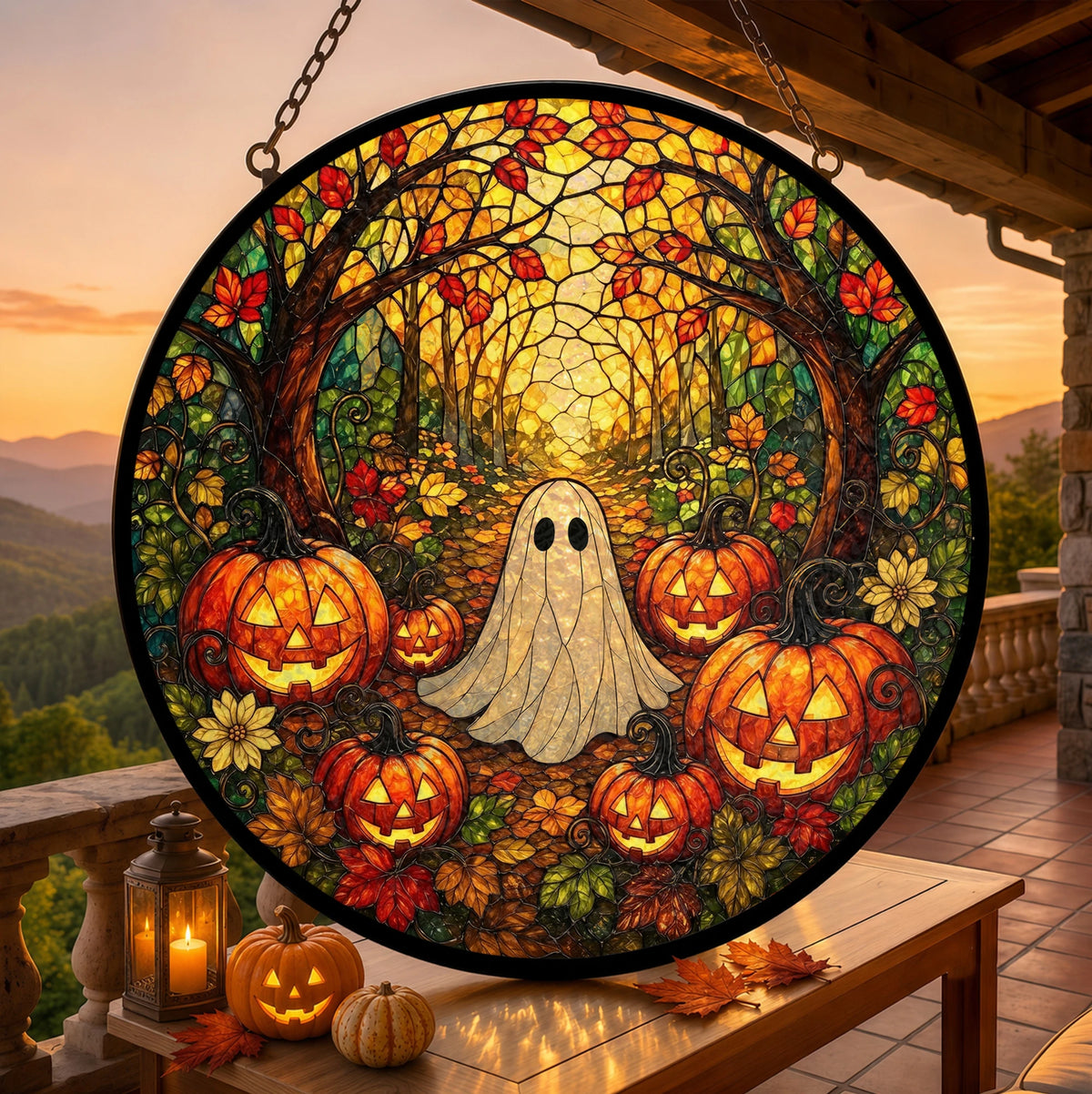 Ghost And Pumpkin Stained Glass Art Hanging Decoration, Halloween Suncatcher Fall Porch Window Decor available at our Austin, Texas warehouse
