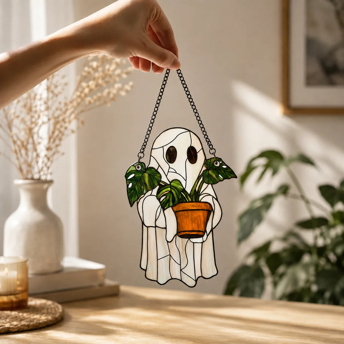 Ghost Stained Glass Plant Suncatcher Cute Halloween Window Decor Gift for Plant Lovers