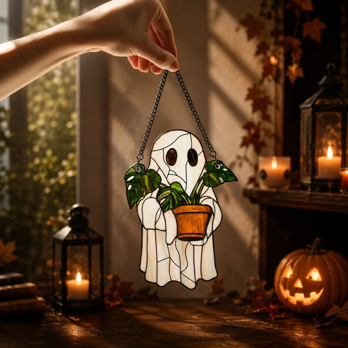 Ghost Stained Glass Plant Suncatcher Cute Halloween Window Decor Gift for Plant Lovers