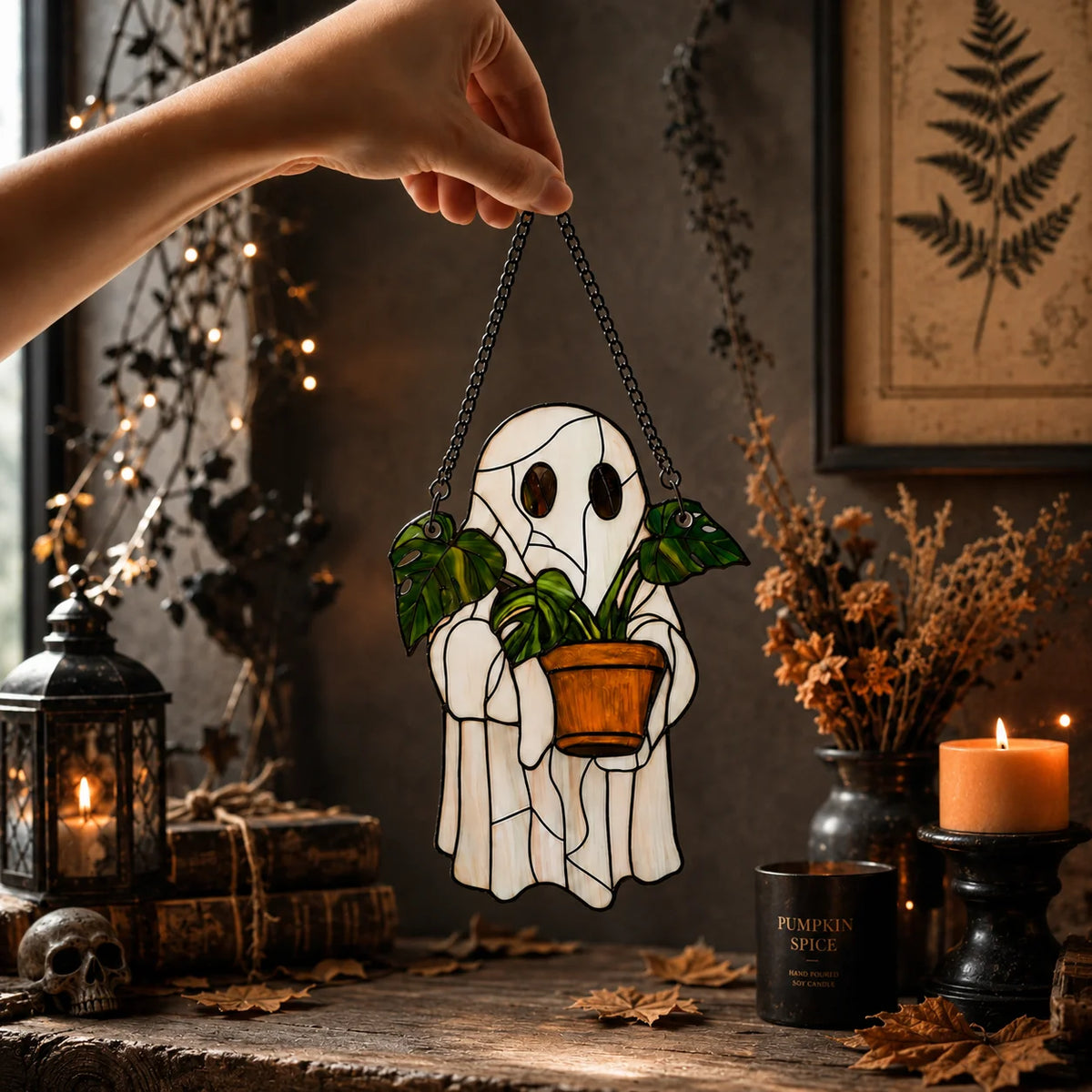 Ghost Stained Glass Plant Suncatcher Cute Halloween Window Decor Gift for Plant Lovers