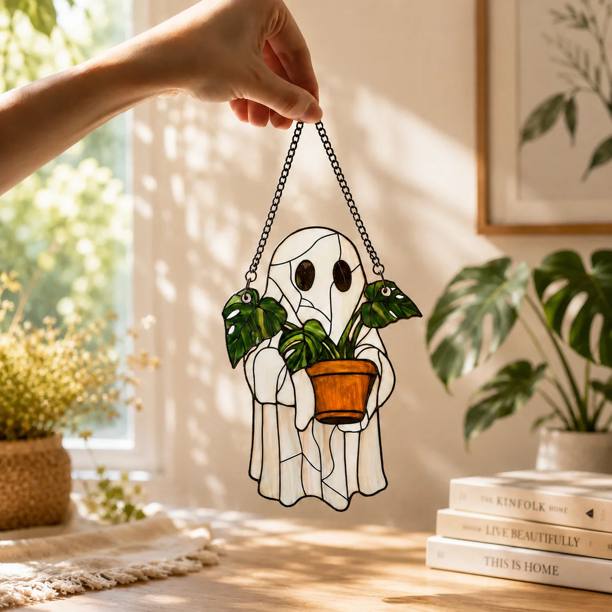 Ghost Stained Glass Plant Suncatcher Cute Halloween Window Decor Gift for Plant Lovers