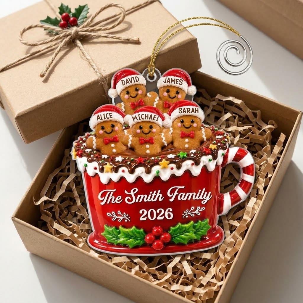 Gingerbread Family Hot Cocoa Mug Christmas Ornament, Personalized Family Keepsake Holiday Tree Decor on a hanger, ready to ship from Austin, Texas
