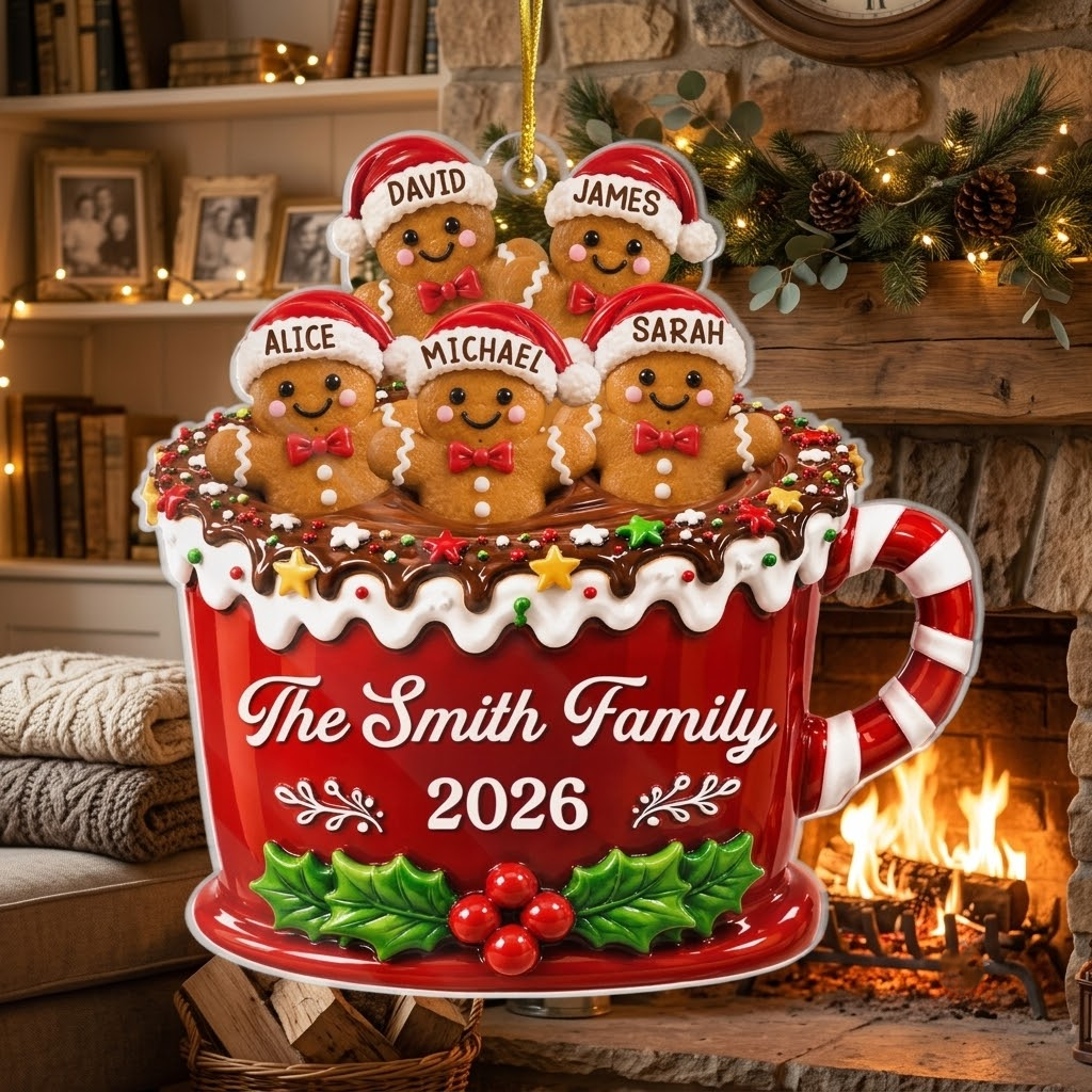 Customer in Austin, Texas wearing Gingerbread Family Hot Cocoa Mug Christmas Ornament, Personalized Family Keepsake Holiday Tree Decor