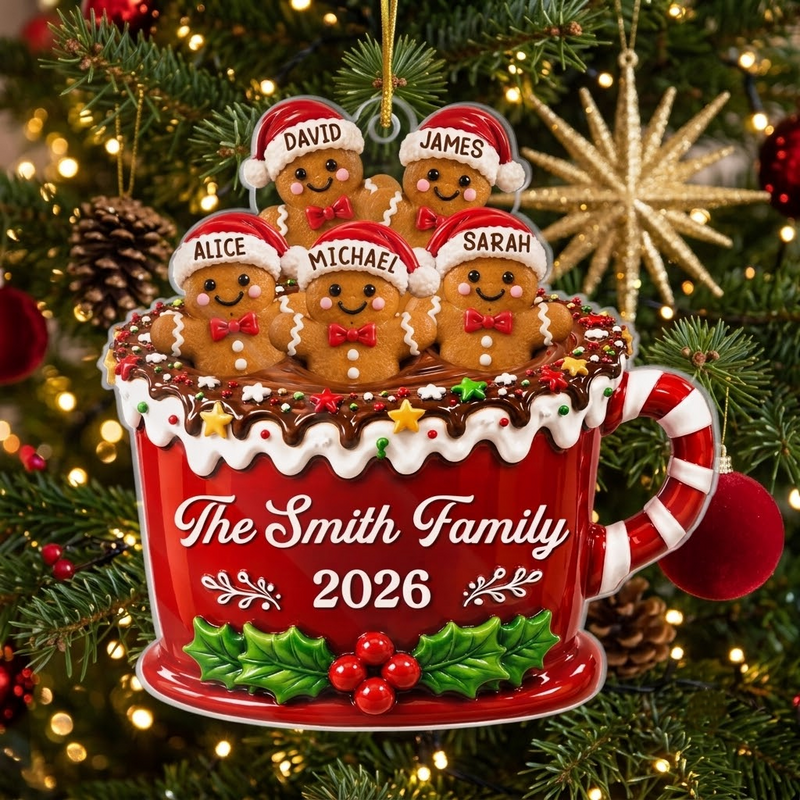 Gingerbread Family Hot Cocoa Mug Christmas Ornament, Personalized Family Keepsake Holiday Tree Decor available at our Austin, Texas warehouse