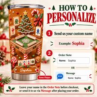 Instruction graphic showing how to order the custom name tumbler with example and text boxes.