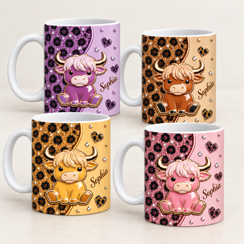 Glitter Leopard Print Highland Cow Mug Cute Animal Lover Gift Ceramic Coffee Cup available at our Austin, Texas warehouse