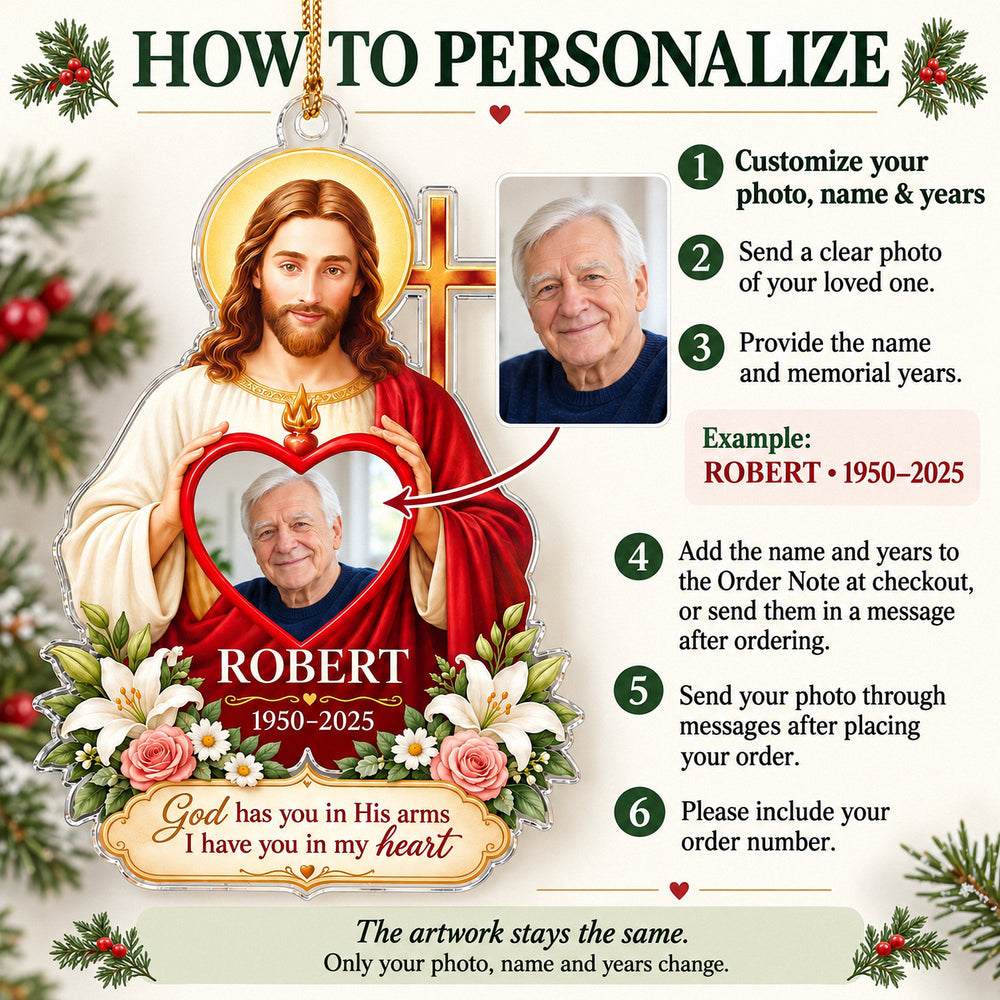 Instructional graphic detailing how to personalize the Christian memorial ornament with photo, name, and dates.