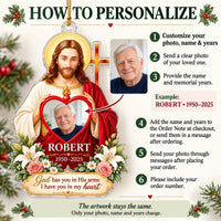 Instructional graphic detailing how to personalize the Christian memorial ornament with photo, name, and dates.