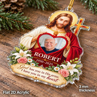 Flat acrylic Christian memorial ornament laying on a wooden tabletop showing its 3 mm thickness.