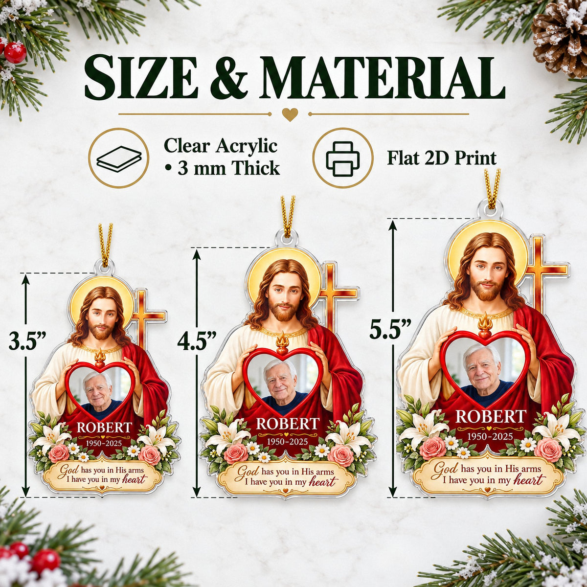 Size comparison chart showing 3.5, 4.5, and 5.5 inch Christian memorial ornaments on a white surface.