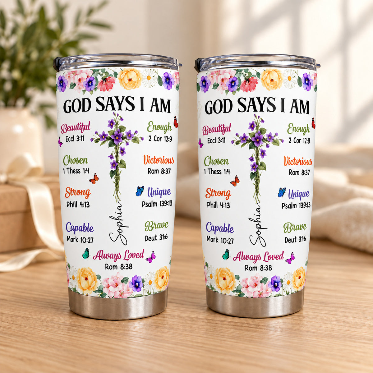Personalized God Says I Am Birth Flower Cross Name Christian Tumbler - main product view