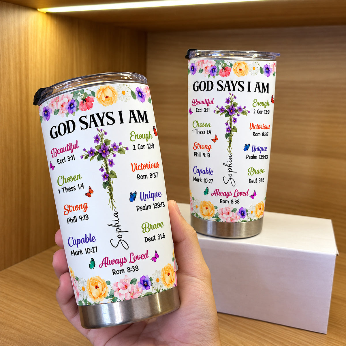 Personalized God Says I Am Birth Flower Cross Name Christian Tumbler - product view 4