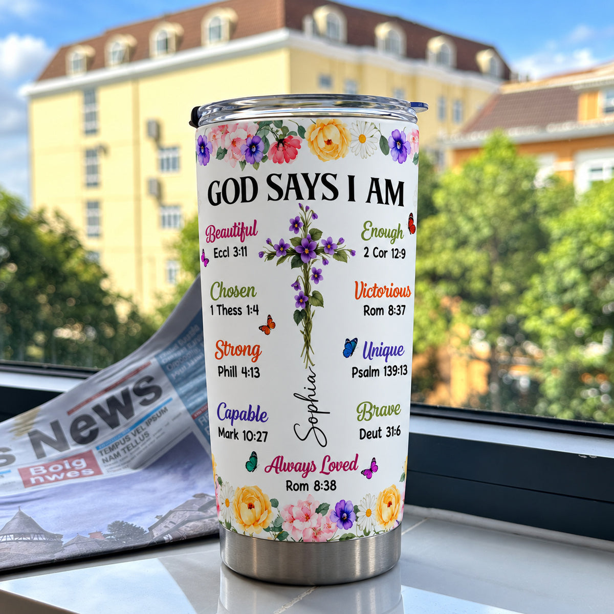 Personalized God Says I Am Birth Flower Cross Name Christian Tumbler - product view 5