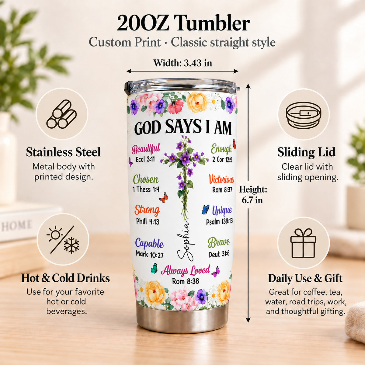 Personalized God Says I Am Birth Flower Cross Name Christian Tumbler - size and material guide