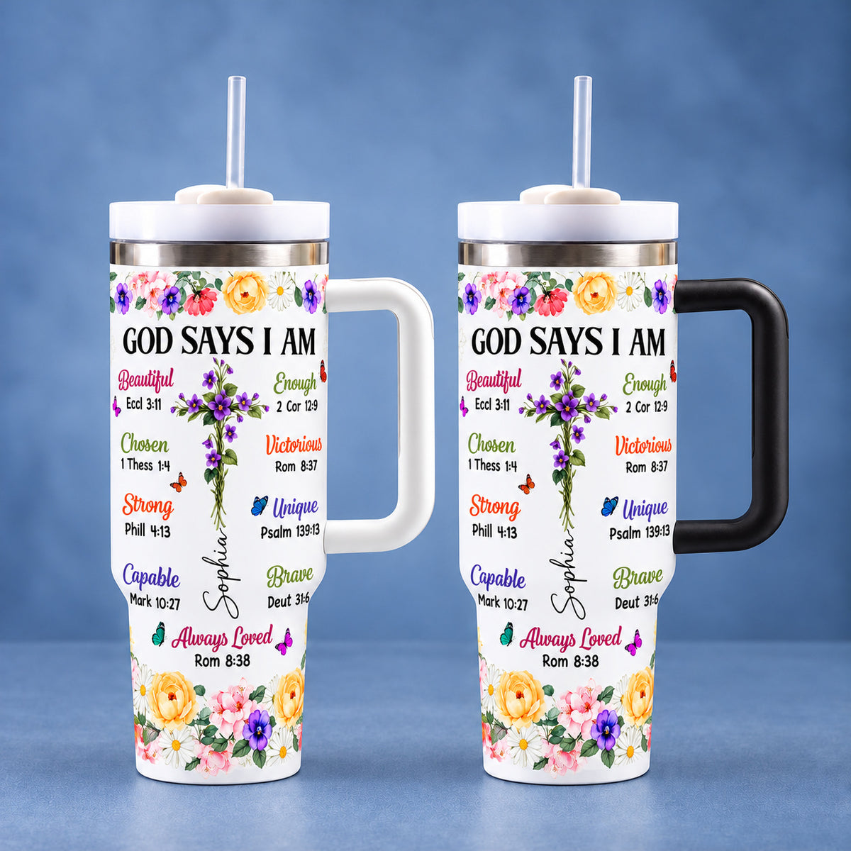 Personalized God Says I Am Birth Flower Cross Name Christian Tumbler - handled tumbler options
