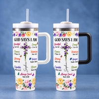 Personalized God Says I Am Birth Flower Cross Name Christian Tumbler - handled tumbler options