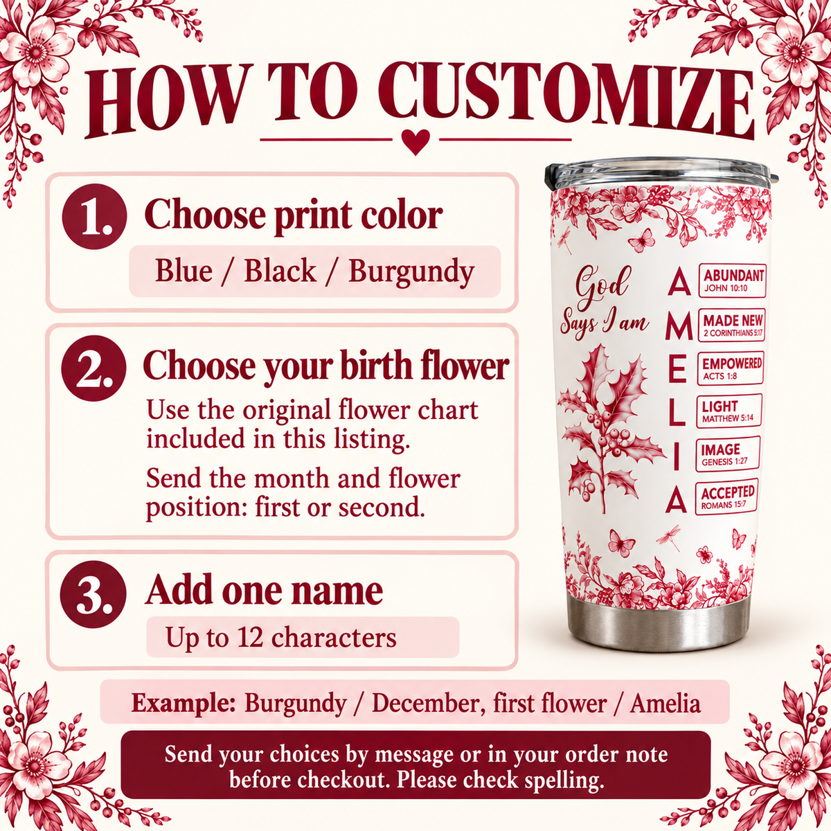 Personalized God Says I Am Tumbler Name Birth Flower Christian Gift - personalization options and ordering guide