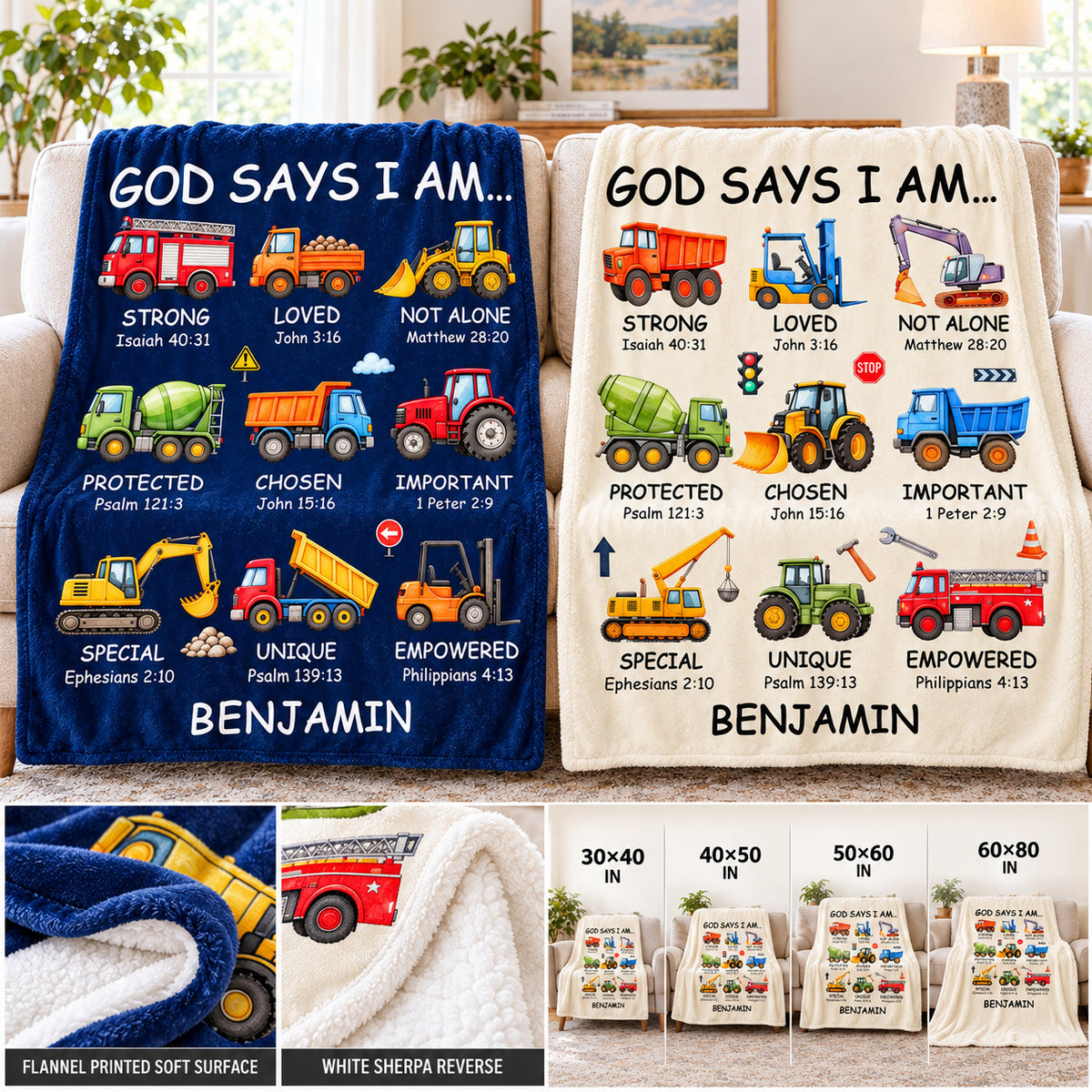 Personalized God Says I Am Truck Blanket Custom Name Christian Gift - size and material guide