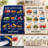 Personalized God Says I Am Truck Blanket Custom Name Christian Gift - size and material guide