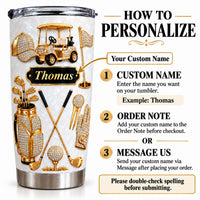 Personalized golf tumbler with example name Thomas and ordering steps on the side.